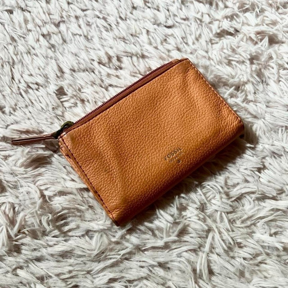 Fossil‎ Genuine Leather Orange Tri Fold Multifunctional Wallet Designer Minimal